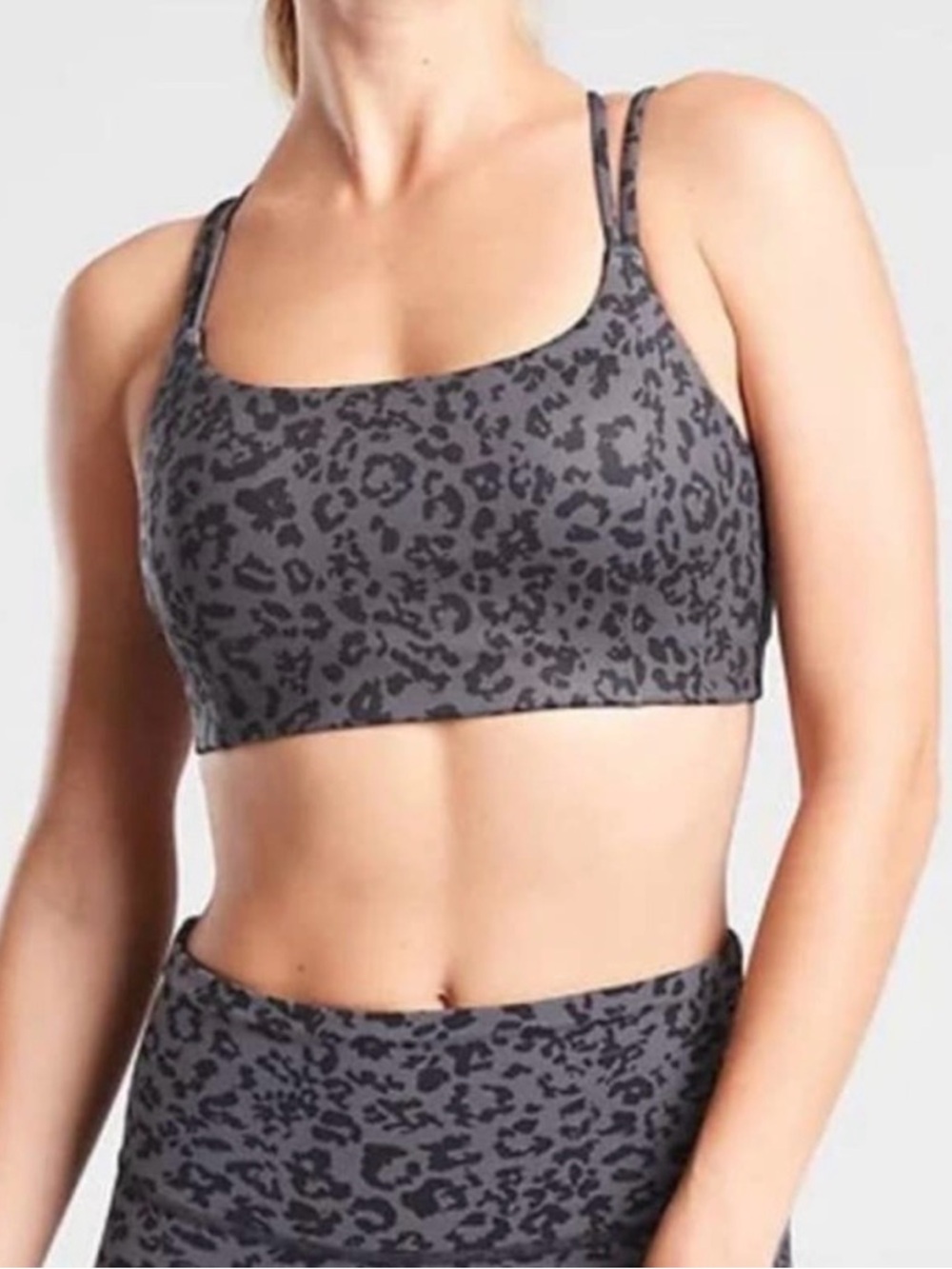 Athleta Breathe Sports bra Charcoal and Black Leopard Strappy